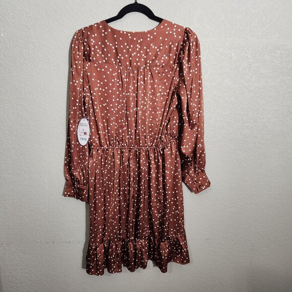 Scoop Dress Womens Medium Ruffle Elastic Waist Rust Polka Dot Long Sleeve New - Picture 4 of 14